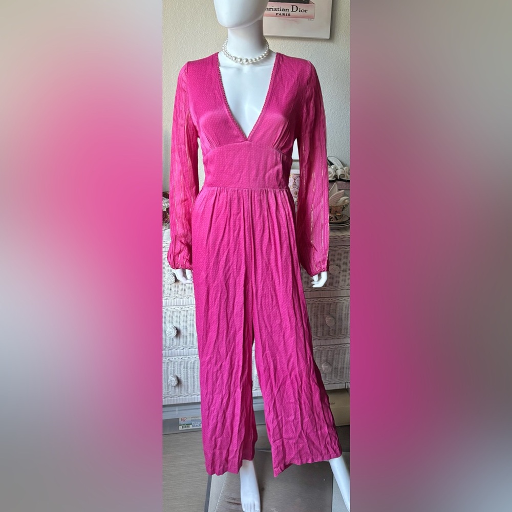 Anthropologie Riviera Jumpsuit Low Cut Wide-Leg Hot Pink w/ Gold stripes size M - Picture 2 of 15